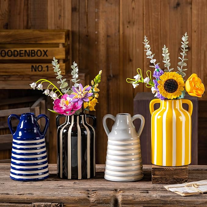 Yellow and White Ceramic Vase with Handles, Stripes Floral Vase for Home Decor, Flowers Kitchen Bookshelf Mantle, Living Room Coastal Decor, Rustic Table Centerpiece, Cottage Core Decor 9.1 in