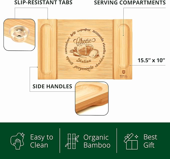 ROYAL CRAFT WOOD Charcuterie and Cheese Board - Large Bamboo Cheese Board - Serving Tray Platter - House Warming Gifts New Home, Gifts for Dad Fathers Day Dad Gifts from Daughter Son Wife - 15.5"x10"