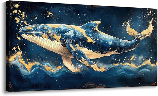 JEAWA Large Canvas Wall Art - Marine Animal Painting Wall Decor, Blue White Gold Whale Picture, Modern Art Prints for Living Room Bedroom Bathroom Home Decoration, 29x58 IN