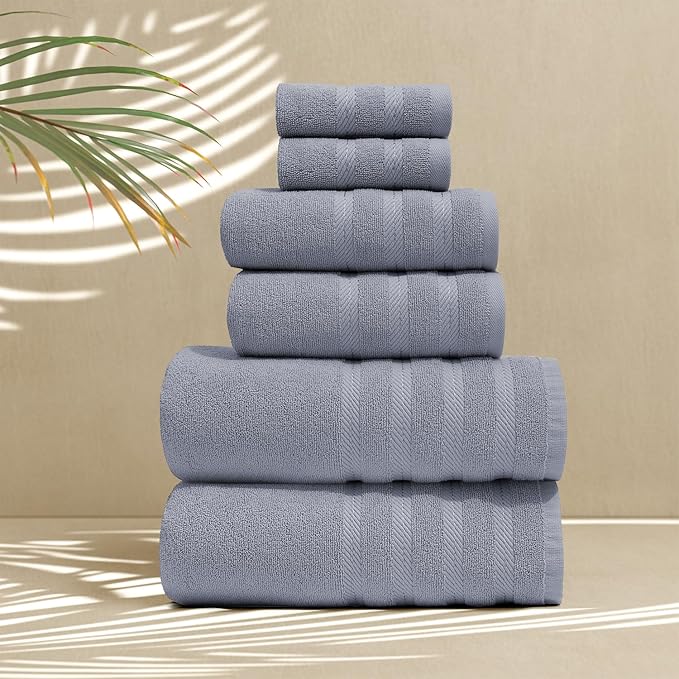 Hearth & Harbor Bath Towels for Bathroom - 100% Ring Spun Cotton Luxury Bathroom Towels - Soft & Highly Absorbent Bath Towels Set, 6 Piece Set, Stone Blue