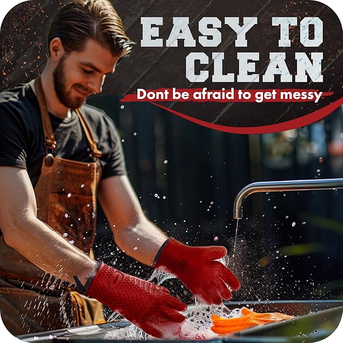 KITCHEN PERFECTION XL Silicone Smoker Oven Gloves-Extreme Heat Resistant BBQ Gloves-Handle Hot Food Right on Your Grill Fryer&Pit|Waterproof Grilling Cooking Baking Mitts|Superior Value Set+3 Bonuses