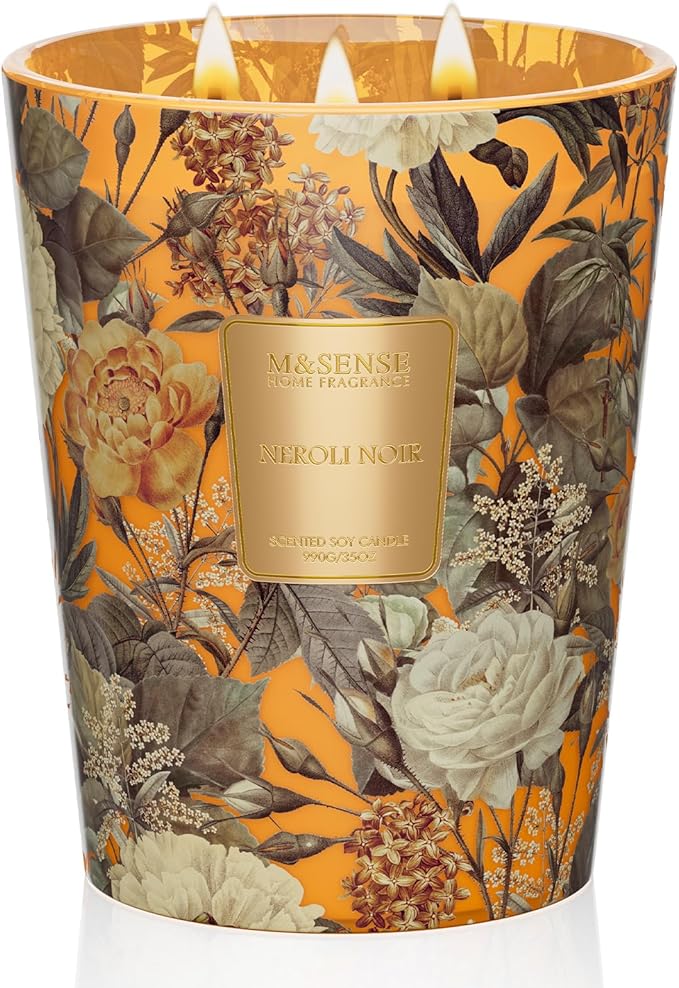 M&SENSE Neroli Noir Scented Candle 3 Wick 35oz 150H Long Lasting, Natural Soy Candles Fall Winter Stress Relief Calm Home Fragrance Festival Thanksgiving Christmas Housewarming Gifts for Home Decor