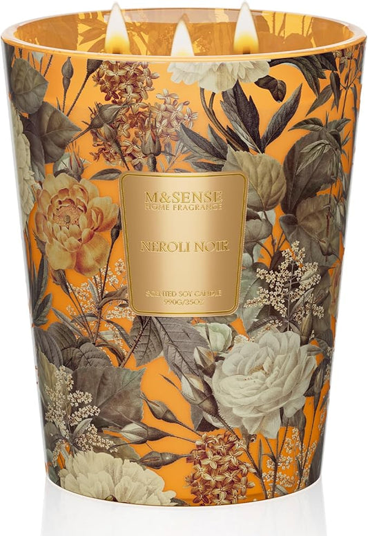 M&SENSE Neroli Noir Scented Candle 3 Wick 35oz 150H Long Lasting, Natural Soy Candles Fall Winter Stress Relief Calm Home Fragrance Festival Thanksgiving Christmas Housewarming Gifts for Home Decor