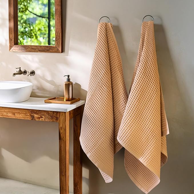PÜSKÜL - Turkish Waffle Weave Towel Set - 100% Turkish Cotton Long-Staple Cotton, 4-Piece Bathroom Set (2 Bath, 2 Hand Towels) - Made in Turkey (Beige, Towel Set - 2 Hand & 2 Bath Towels)