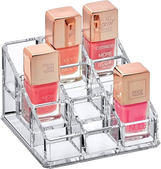 Amazing Abby - Glamour - 9-Slot Acrylic Nail Polish Organizer, Lipstick Holder, Lip Gloss Organizer, Cosmetic Storage Display, Perfect Storage Solution for Drawer, Vanity, Bathroom, and More