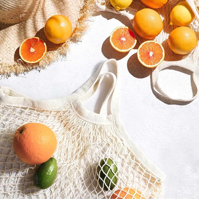 LZMS 3PCS Cotton Mesh Produce Bags,Reusable Grocery Veggie Net Tote,Washable Farmers Market Storage with Wide-Strap Carry Handles(Short Handle)