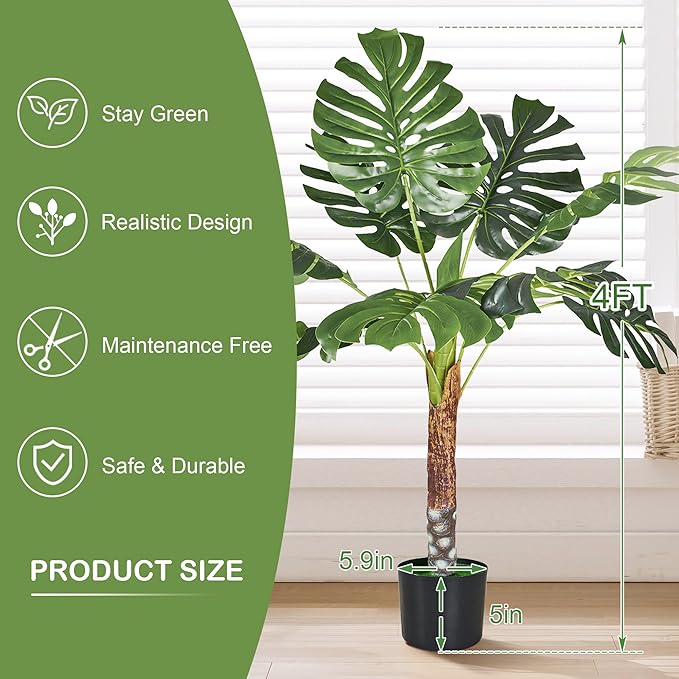 VECELO 4FT Artificial Monstera Plant Tall, 48'' Faux Swiss Cheese Plants Large with Fake Bark, Dried Moss and Pot, Houseplant for Indoor Outdoor Living Room Home Decor