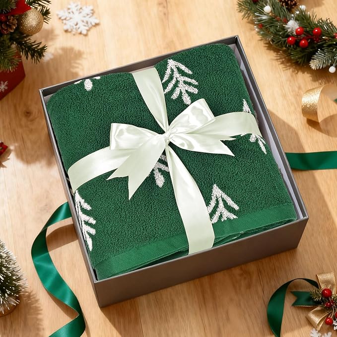 Jacquotha Christmas Bath Towels Set of 2, Cotton, Green Decorative Towels for Holiday Bathroom Decor & Everyday Use, Double-Sided Tree Pattern