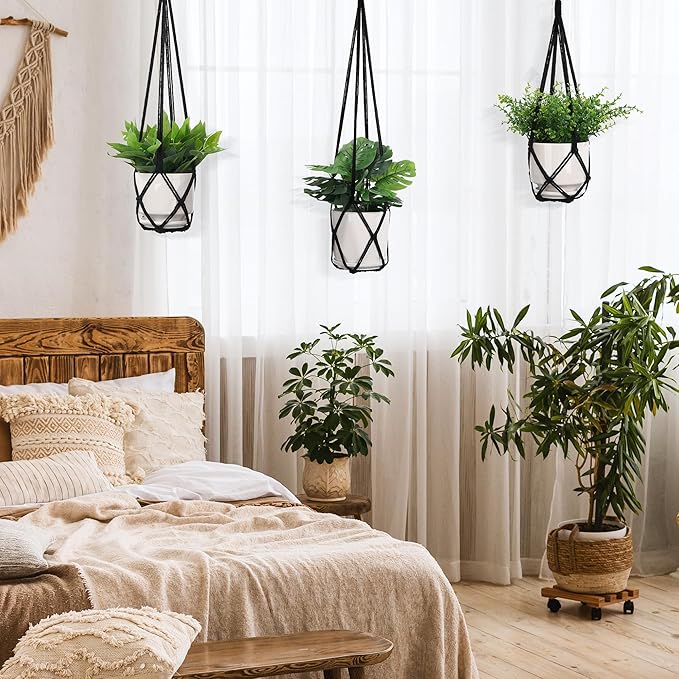 YIBOT 3 Pack Black Macrame Plant Hanger Indoor Hanging Planter Basket with 3 Hooks, 35"/29"/23" Crochet Plant Holder Stand No Tassels for Indoor Outdoor Boho Home Decor (POTS NOT Included)