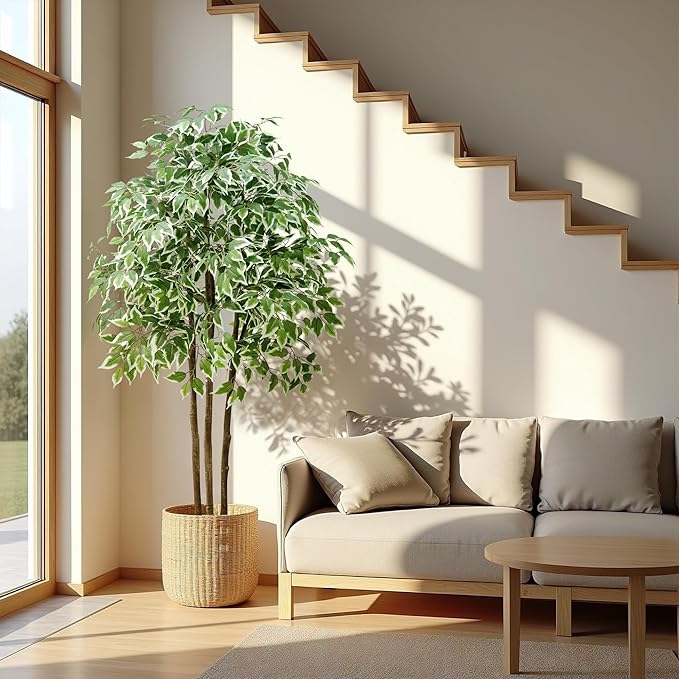 Faux Fiddle Leaf Fig Tree, 6ft Faux Plant Fake Ficus Silk Trees with White Planter, Artificial Fig Trees Floor Plants for House Office Living Room Indoor Home Decor (ficus Tree)