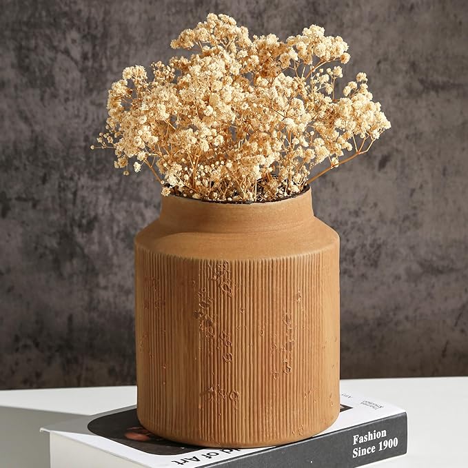 Farmhouse Vase for Home Decor, Vintage Rustic Terracotta Flower Vase Suitable for Home Decor, Living Room, Shelf, Dining Table. 7IN. Ochre