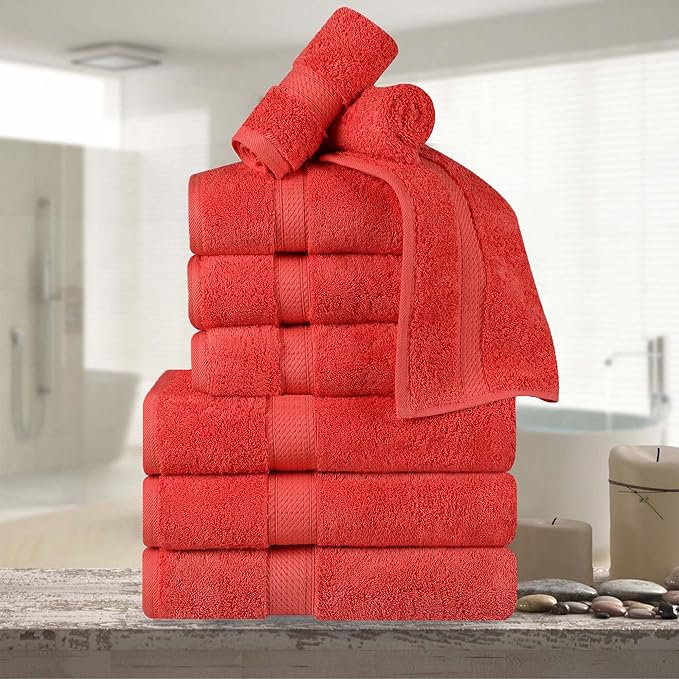 BNM Egyptian Cotton Heavyweight Towels, Ideal For Bathroom, Shower, Spa, Hotel, 800 GSM, Face/ Washcloths, Hand Towels, Bath Towels, Highly-Absorbent, Luxury Home Basics, 9 Piece Towel Set, Coral