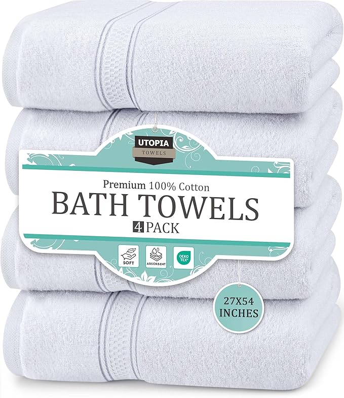 Utopia Towels 4 Pack Premium Bath Towels Set, 27 by 54 Inches, 100% Ring Spun Cotton 600GSM, Lightweight and Highly Absorbent Quick Drying Towels, Perfect for Daily Use, White