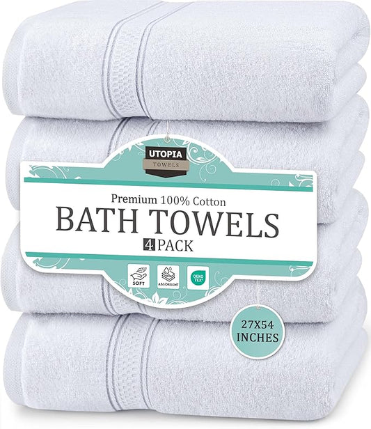 Utopia Towels 4 Pack Premium Bath Towels Set, 27 by 54 Inches, 100% Ring Spun Cotton 600GSM, Lightweight and Highly Absorbent Quick Drying Towels, Perfect for Daily Use, White