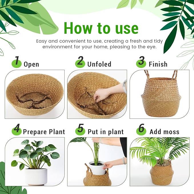 3 Pack Large Wicker Plant Basket with Handle 10 Inch Woven Seagrass Belly Basket and Artificial Moss for Plants Picnic Grocery Laundry House Storage Home Decor (Small,Medium,Large)