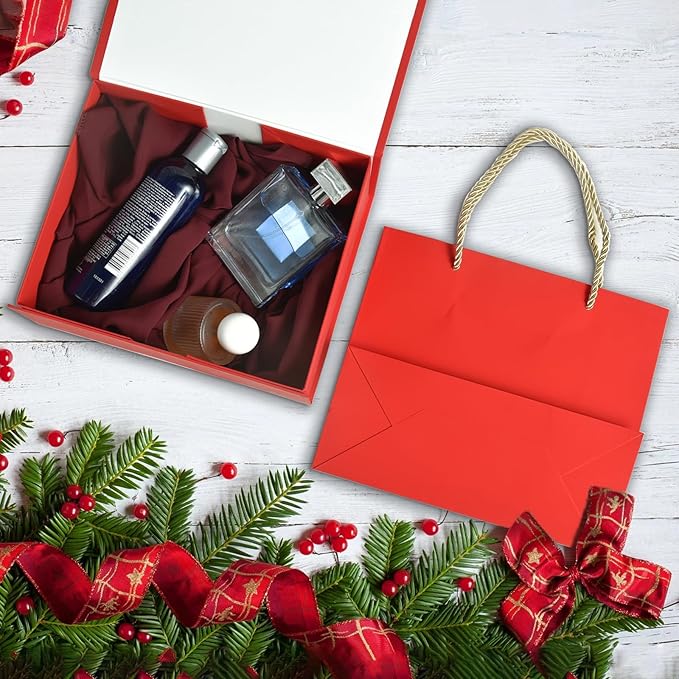 Elegant Gift Boxes with Gift Bag for Presents with Lids Magnetic Closure Rectangle Collapsible for Christmas, Valentine's Day, Birthday Gift Packging (Red)
