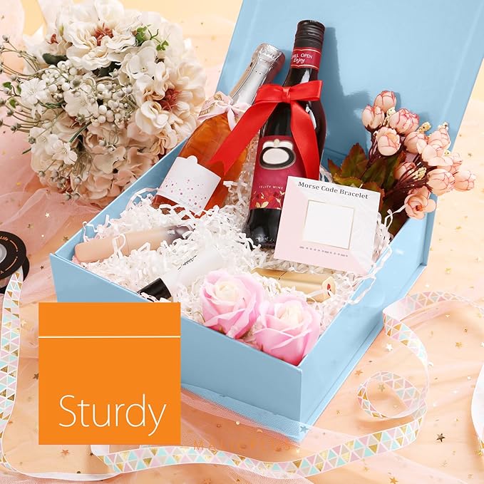 Gift Box with Lid 9x9x3.4 Inches, Blue Bridesmaids Proposal Box with Magnetic Closure for All Occasion (Glossy Blue)