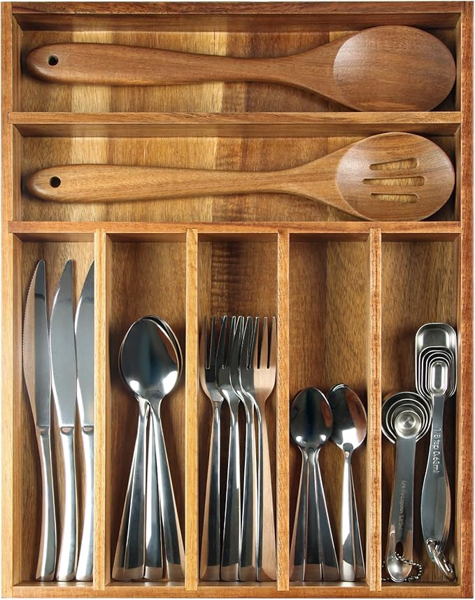Acacia Wood Silverware Organizer, Kitchen Utensil Drawer Organizer for Forks & Spoons, 7-Compartment Cutlery Tray, Flatware Holder