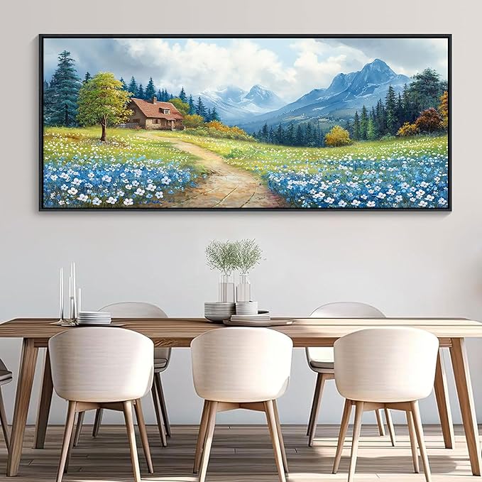 CHATYOUNG Blue Mountains Wall Art, Rustic Forest Flowers Extra Large 32"X71" Wall Picture Path Cottage Landscape Framed Paintings for Living Room Above Sofa Office Bedroom Kitchen Home Decor