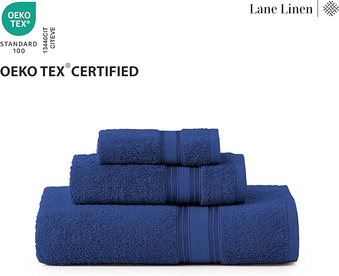 LANE LINEN 100% Ring-Spun Cotton Bath Towel Set of 18 – Zero Twist Shower Towels, 6 Bath, 6 Hand Towel & 6 Washcloths, Quick-Dry, Luxuriously Soft & Durable, Perfect for Everyday use – Navy