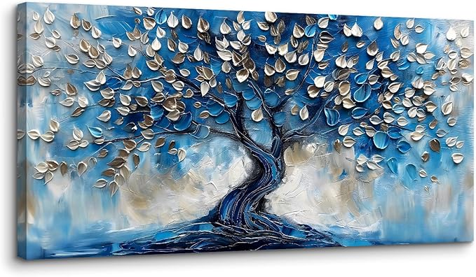 crmotu Tree of Life Large Wall Art for Living Room, Blue Tree Canvas Decor Paintings Abstract Art Prints, Neutral Navy Blue Pictures Wall Decor for Bedroom Bathroom Office Modern Home Decor 24"X48"