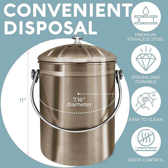 EPICA Countertop Compost Bin Kitchen | 1.3 Gallon | Odorless Composting Bin with Carbon Filters | Indoor Compost Bin with Lid | Stainless Steel Kitchen Composter for Food Scraps & Waste Recycling