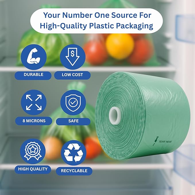 Narrow Profile Produce Bags Roll Green - 475 Bags - 16"x28" – 1 Roll - 8 Microns – for Grocery, Small Business, Produce Use, Food & Storage Needs, Garden Fresh, Narrow Profile, Kitchen Use