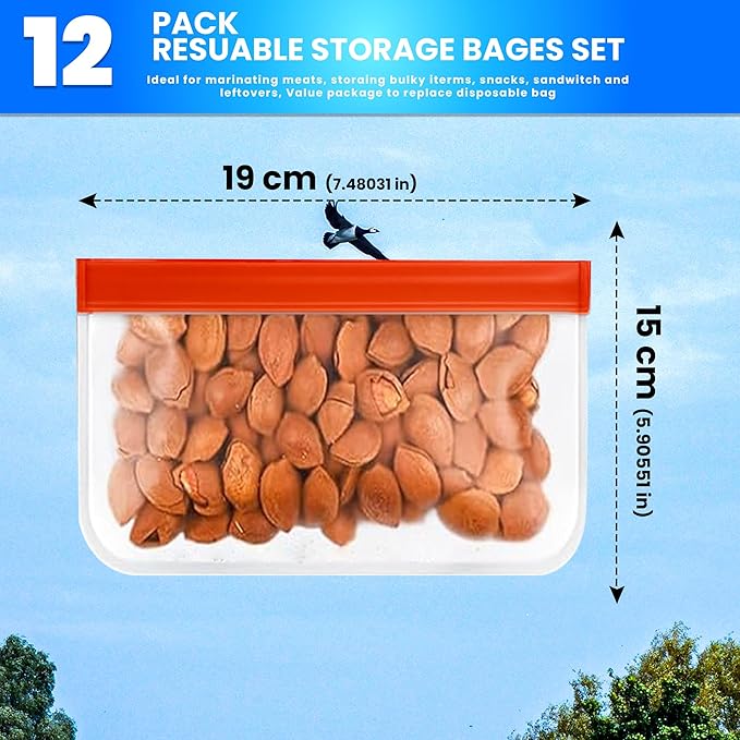 Reusable Silicone Storage Bags – 12-Pack Ziplock Bag Set (Small & Snack Size 7x5), BPA-Free Leakproof Freezer Pouches, Eco-Friendly & Durable, for Meal Prep, Kids Lunches, Travel & Kitchen Use