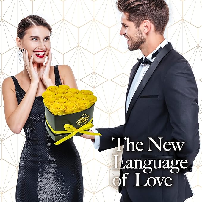 GLAMOUR BOUTIQUE 16 Flower Forever Heart Shape Box - Preserved Roses Gift for Her, Preserved Flowers, Yellow