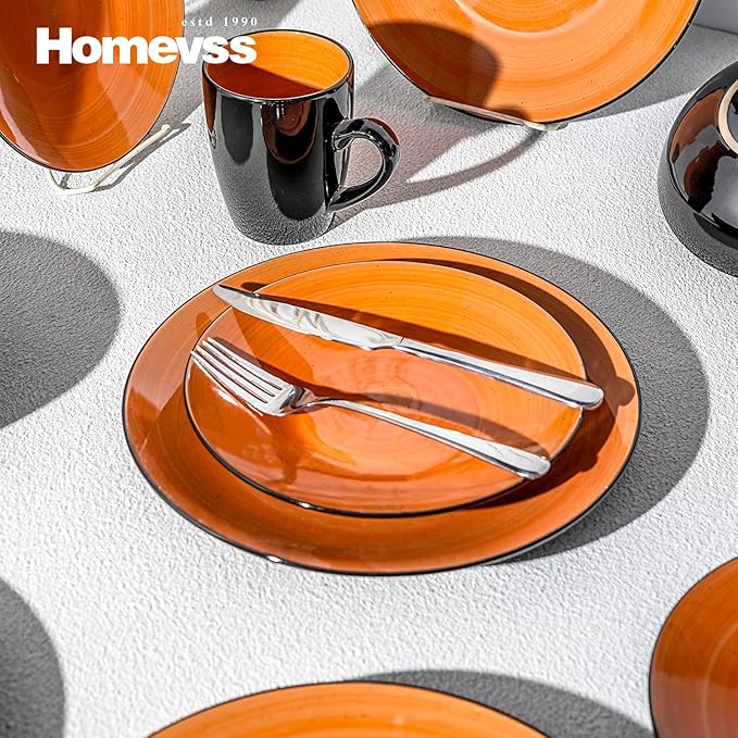 Sonoma 16 Piece Stoneware Dinner Set, Outside Black + Inside Handpainted Color Orange with speckle