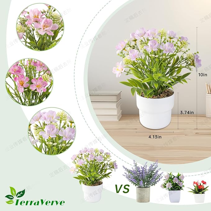 2-Piece Potted Artificial Freesia Flowers | Lifelike Indoor Plants for Home, Office, Bedroom, Bathroom Decor | Rustic Farmhouse Style Artificial Greenery