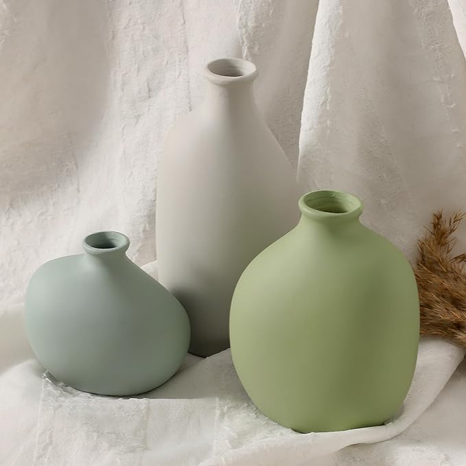 Ceramic Vase Set of 3, Rustic Farmhouse Pottery Vases for Home Decor, Perfect for Pampas Grass, Dried or Fresh Flowers, Ideal for Living Room, Bedroom, Kitchen, Bathroom, Bookshelf, Table Centerpiece.