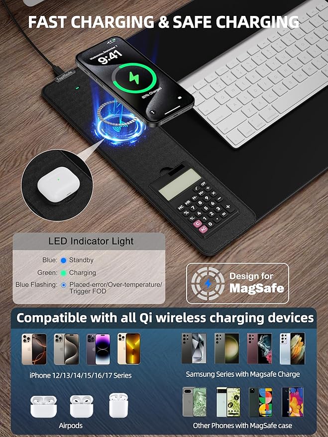 TopMade Mouse Pad with 15W Wireless Charging & Removable 8-Digit Solar Calculator, 31.5" x 15.75" XXL Large Desk Pad, Gaming Computer Keyboard Pad, Waterproof Mousepad Home Office Desk Mat, Black