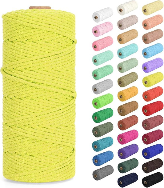 Macrame Cord 3mm x 109Yards (328Feet), Natural Cotton Macrame Rope - 4 Strands Twisted Macrame Cotton Cord for Wall Hanging, Plant Hangers, Crafts, Gift Wrapping and Wedding Decorations, Lemon Yellow