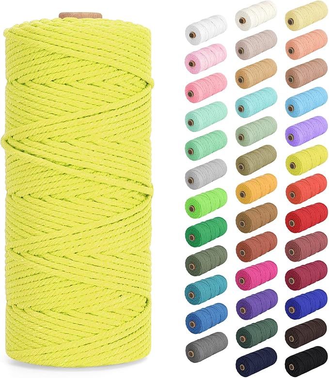 Macrame Cord 2mm x 220Yards (656Feet), Natural Cotton Macrame Rope - 2 Strands Twisted Macrame Cotton Cord for Wall Hanging, Plant Hangers, Crafts, Gift Wrapping and Wedding Decorations, Lemon Yellow