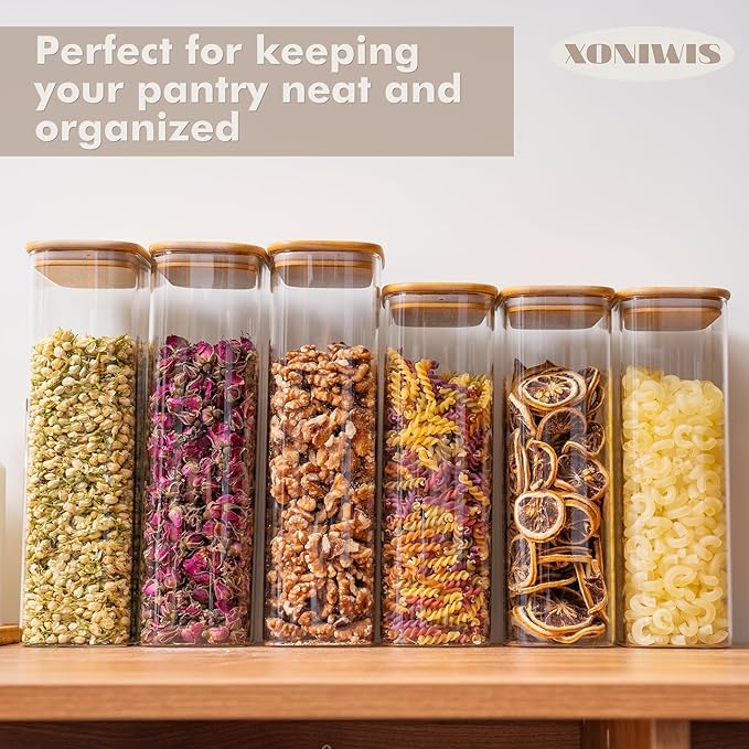 63oz 3PCS Rectangle Glass Storage Containers with Bamboo Lids, Glass Jars with Lids, Clear Food Jar, Square Canister, Pantry Organizers and Storage for Flour, Pasta, Coffee, Tea, Snack, Cookie