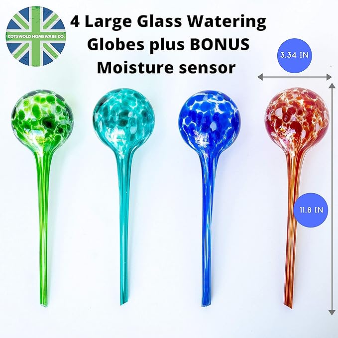 Plant Watering Globes - Plant Watering Devices - Plant Watering Bulbs - Self Watering Spikes -Decorative Hand Blown Glass - Watering Bulbs - Free Moisture Meter 4 Large Size