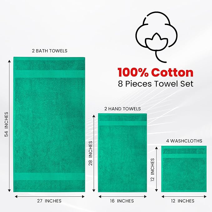 Infinitee Xclusives Luxury 100% Cotton Towel Set – 8 Piece Bathroom Towel Set (2 Bath Towels, 2 Hand Towels, 4 Washcloths) – Soft & Absorbent Towels for Bathroom (Vivid Green)