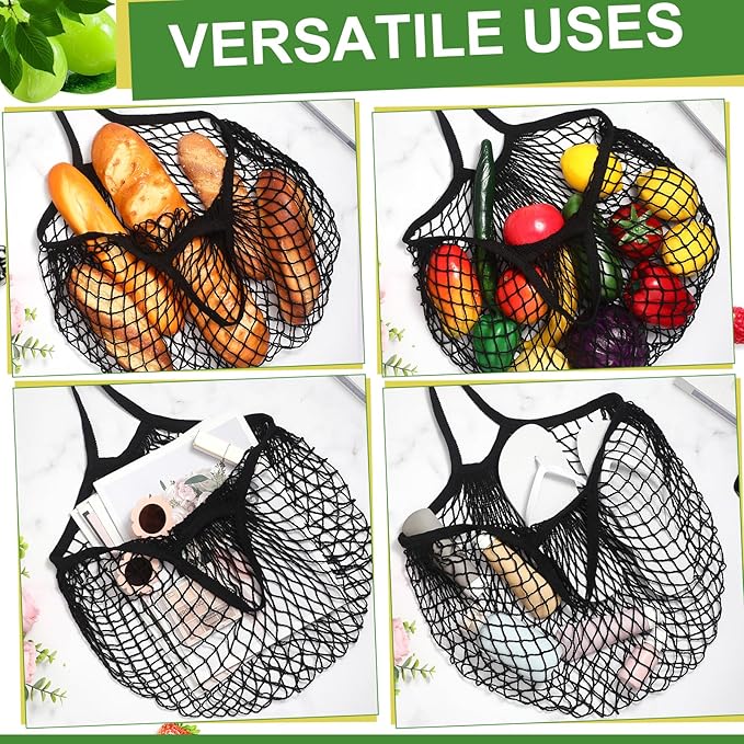 Paterr 50 Pack Cotton Mesh Produce Bags Bulk Reusable Market Bag Washable Net Grocery Purse String Shopping Tote Beach Organizer for Vegetable Fruit Picnic Food Storage (Short Handle,Black)