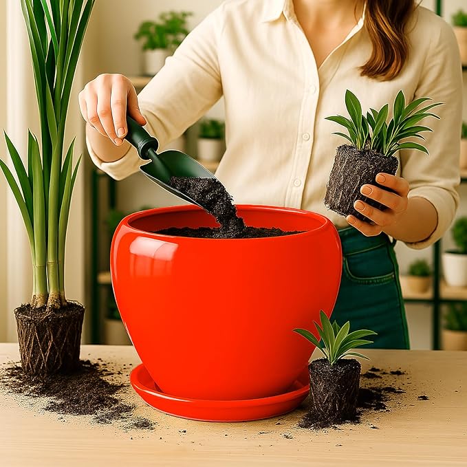 Deep Dream 10 Inch Plant Pot- Ceramic Planter Pot Round Plant Pots for Indoor Plants Outdoor Large Flower Pot with Drainage Holes & Trays, Red