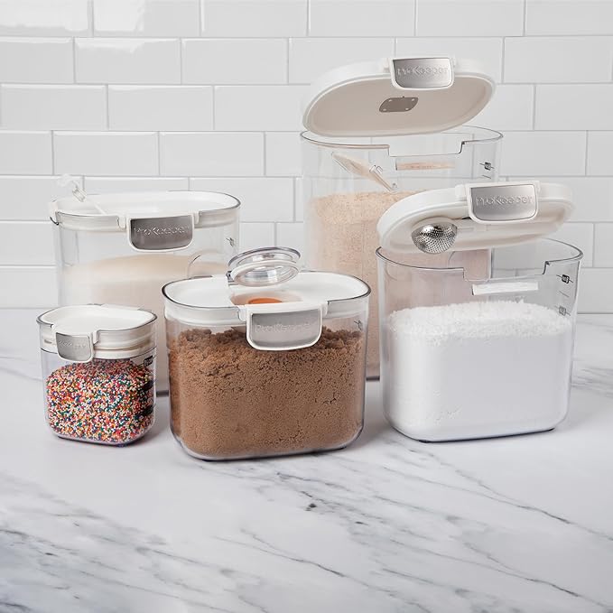ProKeeper+ Airtight Food Storage Container Set – Clear Plastic Flour and Sugar Canister Set with Magnetic Accessories for Kitchen Organization (White, 9-Piece)