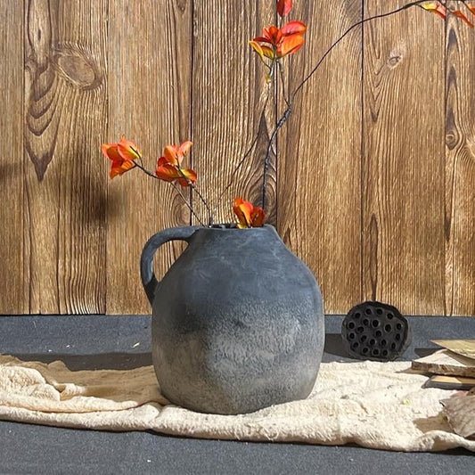 Rustic Ceramic Vase with Handle, Handmade Vintage Pottery for Home Decor, Black Farmhouse Flower Vase for Living Room, Wedding, Kitchen Centerpiece - 5.6 Inch