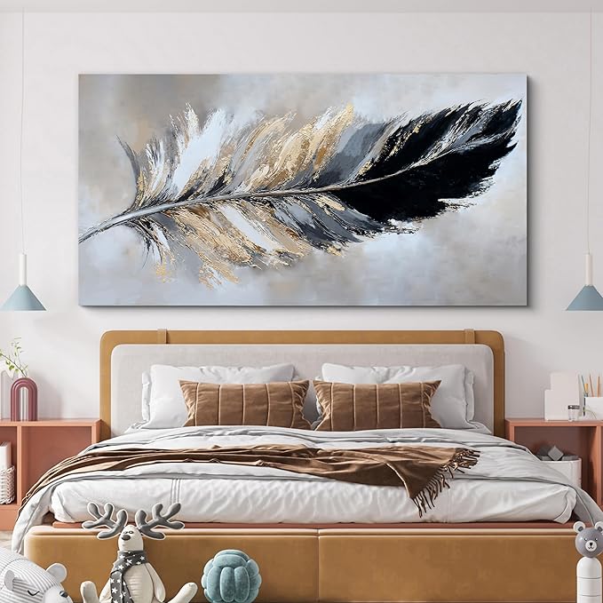 YISXINOAG Canvas Art Wall Decor Modern Abstract Wall Decor Canvas Wall Art for Bedroom Home Artwork Prints Modern Home Decorations Black and Gold Minimalist Feather Abstract Art Size 20"X40"