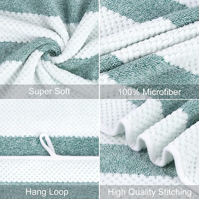 JML Microfiber Bath Towels, Bath Towel 2 Pack(30" x 60"), Oversized, Soft, Super Absorbent and Fast Drying, Multipurpose Use for Sports, Fitness, Yoga, Waffle Stripe Green