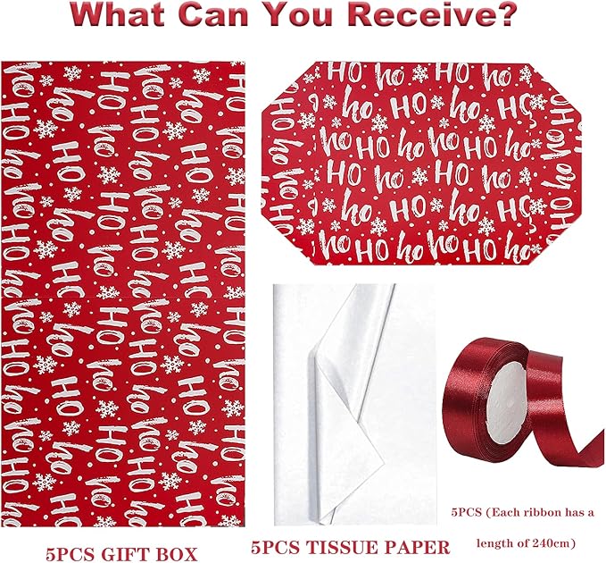 Jaywayang 5 Pack Red Christmas Gift Boxes with Lids, Ribbons and Tissue Papers Square Gift Boxes - 7.1 Inch - Presents Wrapping Christmas Gift Holiday New Year Party Favor Boxes.