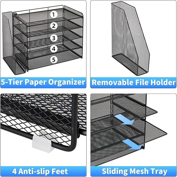 OPNICE 5-Tier Paper Organizer with Magazine Holder, Desk Organizers and Accessories, Office Desk Accessories & Workspace Organizers, Desktop File Organizer for Office Supplies Storage, Black