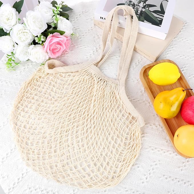 2 Pack Reusable Mesh Grocery Bags, String Bags Cotton Net Tote Produce Bag Washable Long Handle Farmers Market Bag Portable Fruit and Vegetable Bags, Beige