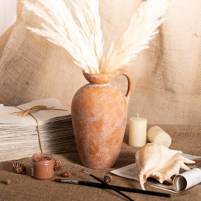 Terracotta vase with Handle, 10inch Boho Unique Textured Pottery, Rustic Farmhouse Decorative Ceramic vases for Flowers, Centerpieces, Living Room.