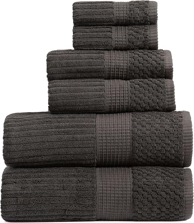 Springtree Home 100% Cotton Bath Towel Set | 6 Piece Set | Absorbent & Quick-Dry Bath Towels | Textured and Durable Cotton | Krista Collection - Black Ink