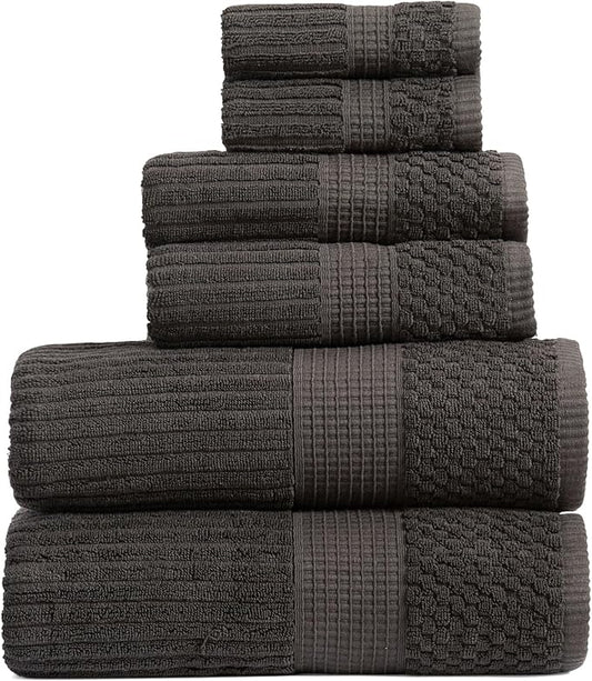 Springtree Home 100% Cotton Bath Towel Set | 6 Piece Set | Absorbent & Quick-Dry Bath Towels | Textured and Durable Cotton | Krista Collection - Black Ink